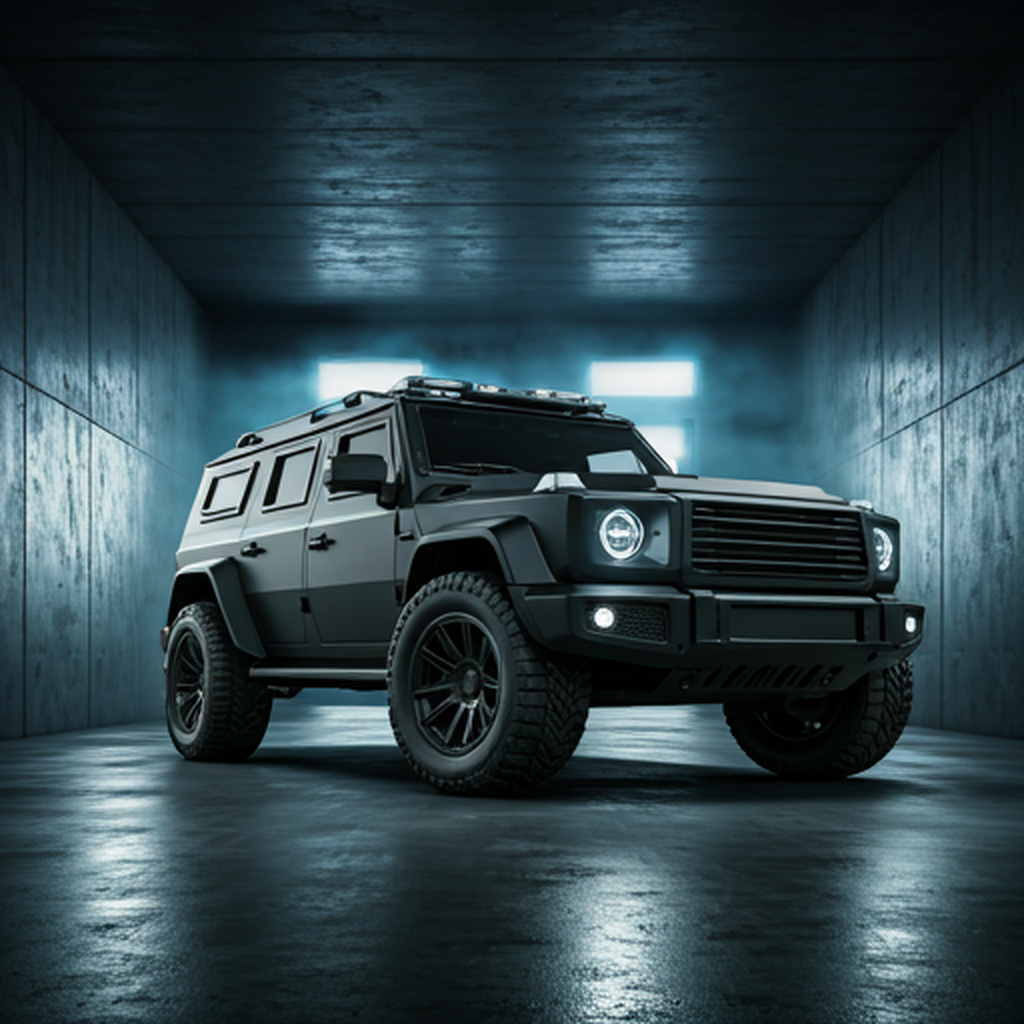 Luxury armored SUV in a dark modern garage